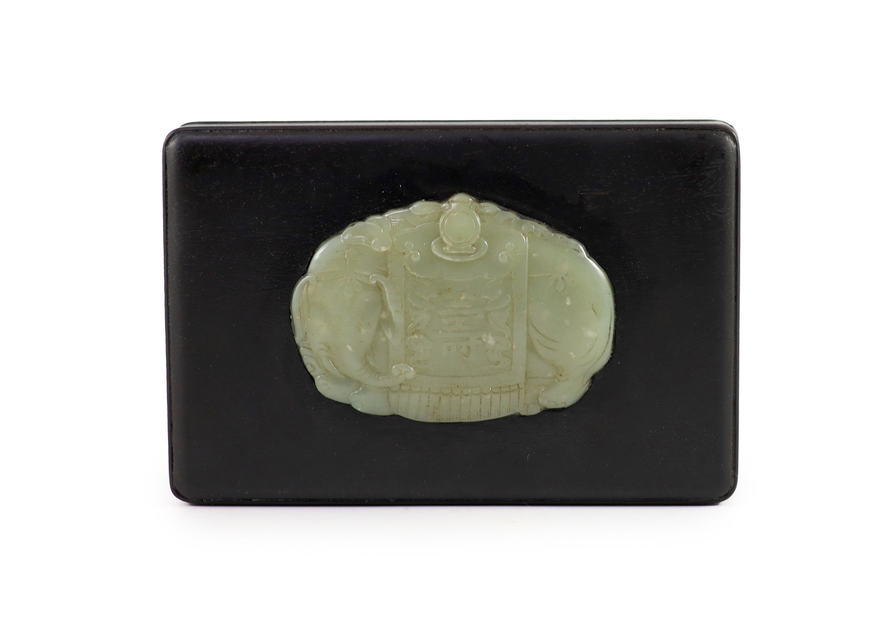 A Chinese pale celadon jade mounted wood box, 18cm x 12 cm